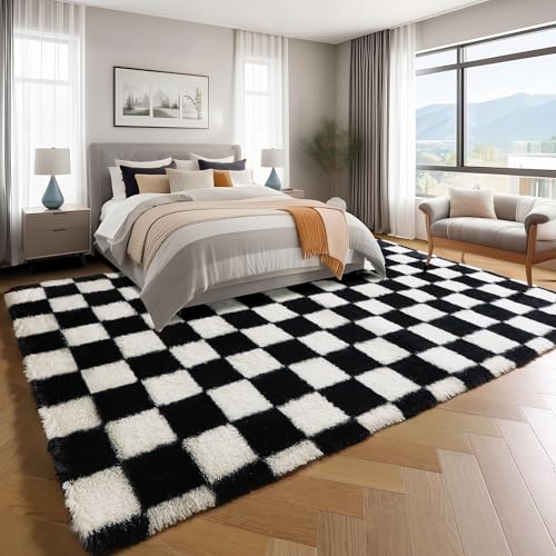 KICMOR 8x10 Black & White Checkered Shag Area Rug - Large Fluffy Plush Carpet for Living Room, Bedroom, Nursery