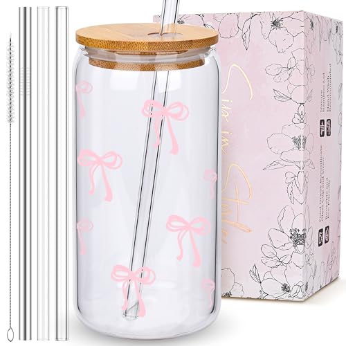 BIPEDS Coquette Pink Bow Glass Cup with Lids & Straws - Bow Pink 01
