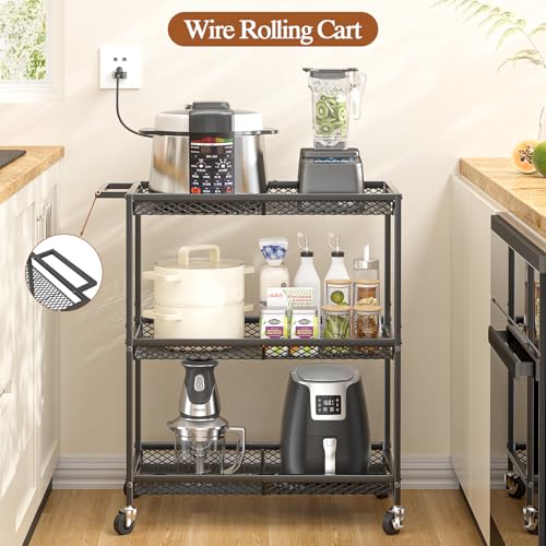 ThreeHio Black 3-Tier Heavy Duty Rolling Kitchen Cart with Locking Wheels