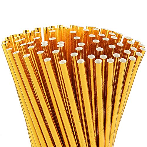 ALINK Gold Foil Paper Straws, Biodegradable Disposable Drinking Straws for Birthday, Wedding, Bridal/Baby Shower, Christmas Decorations and Party Supplies, Pack of 100