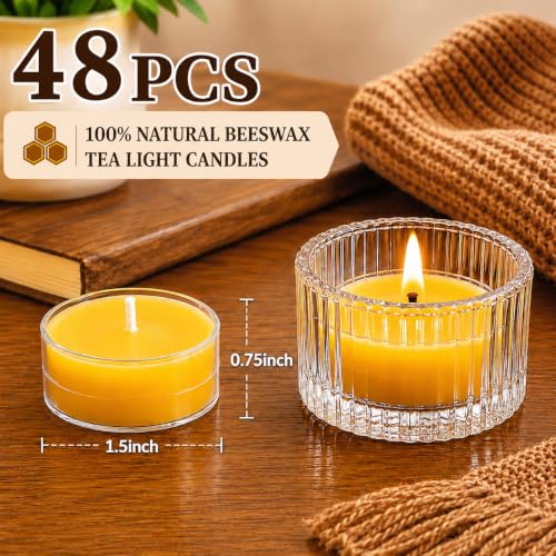 Unscented Beeswax Tea Lights Candles 48 Pack - Yellow, 4 Hour Burn Time