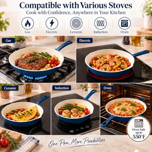 Hisencn Navy Blue 3-Piece Enamel Cast Iron Skillet Set - Nonstick Cookware