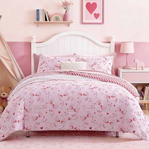 AMBERSPACE Red Bow & Heart Full Comforter Set for Girls - 7 Pieces, Aesthetic Bed in a Bag