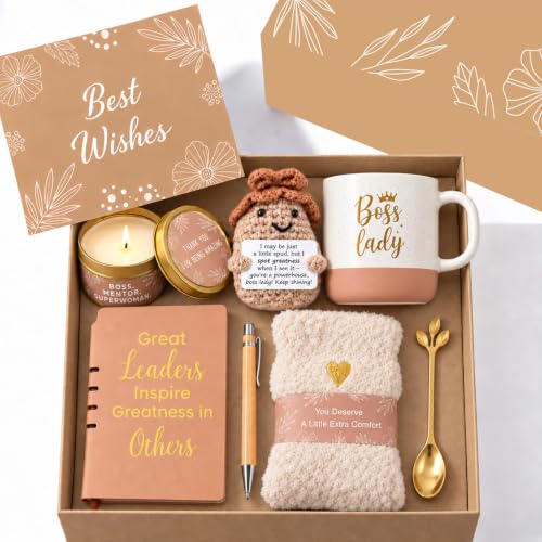 Boss Lady Mug Gift Set - 12oz Ceramic Coffee Cup with Sock, Journal & Card