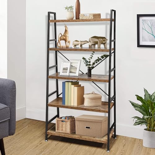 5 Tier Ladder Bookshelf - Rustic Brown Wood & Metal Industrial Storage