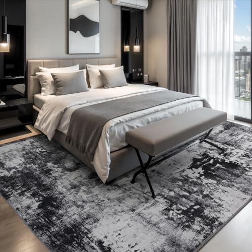 Rugflix 8x10 Black Grey Abstract Washable Area Rug - Modern, Soft & Non-Slip