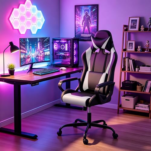 FDW White Gaming Chair with Lumbar Support & Headrest - Ergonomic PU Leather Desk Seat