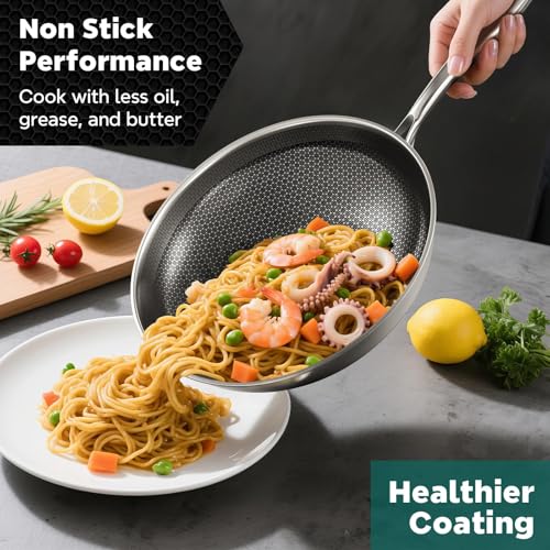 13-Inch Stainless Steel Wok Pan with Lid for Stir-Fry & Healthy Cooking