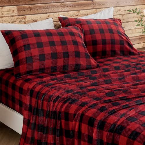 BEDELITE Full Size Plaid Flannel Sheet Set Red & Black 4 Pieces