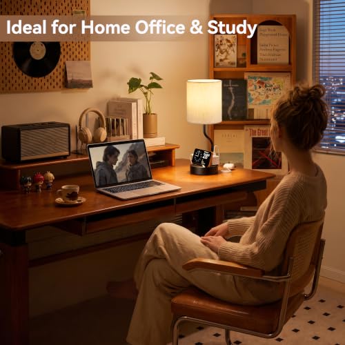 Fenmzee 18-Inch Bedside Table Lamps Set of 2 with Cream & Black Finish, USB Charging, Dimmable LED Bulb Included