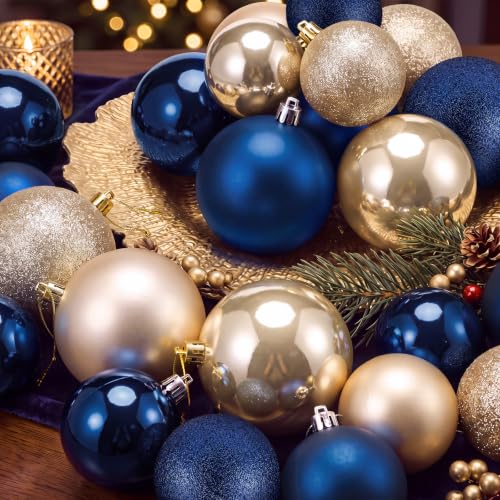 Junkin Navy Blue & Gold Christmas Ball Ornaments Set - 24 Pcs, 2.36" & 3.15"