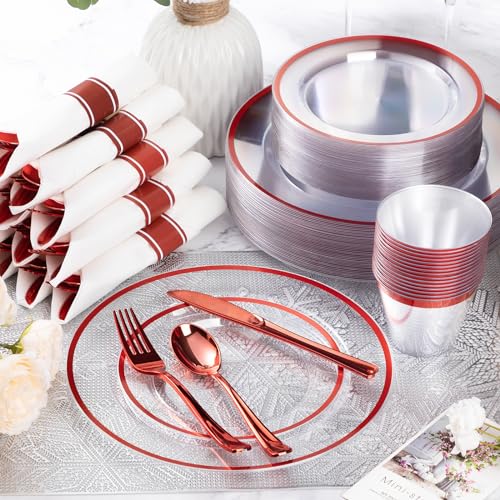 Goodluck 175 Pcs Red Disposable Dinnerware Set for 25 Guests - Clear Plastic Plates & Utensils