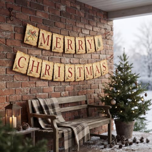 Actilize MERRY CHRISTMAS Banner with Christmas Tree and Bells - Christmas Vintage
