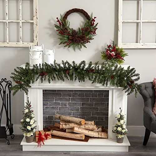 Nearly Natural 22-Inch Artificial Christmas Wreath with Pinecones & Holly Berries