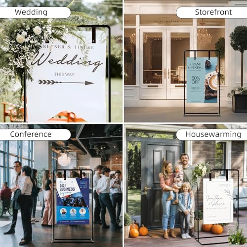 Furosa Gold Wedding Sign Holder with Adjustable Height & Leather Straps - Heavy Duty Easel for Welcome Sign & Seating Chart