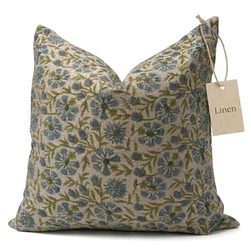 Spring Blue and Green Linen Throw Pillow Cover 20x20 Inch - Set of 1