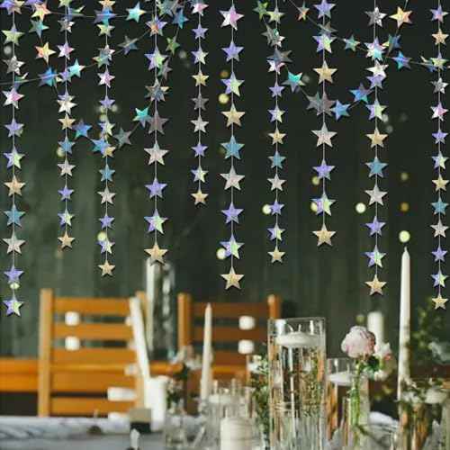6 Pack Iridescent Star Paper Garland Holographic Twinkle Star Hanging Bunting Banner Backdrop for Christmas Birthday Party Decor Baby Shower Graduation Wedding Supplies