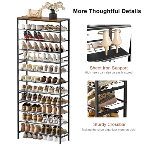 Rustic Brown 12-Tier Metal Shoe Rack with Wooden Top, 40-48 Pairs - UNITSTAGE