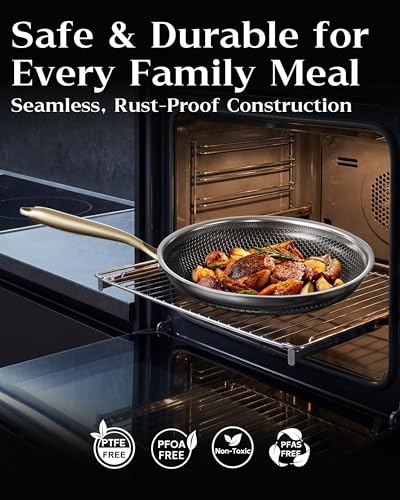 10-Inch Nonstick Frying Pan with Lid - Honeycomb Surface, PFAS-Free, All Cooktops - Gold