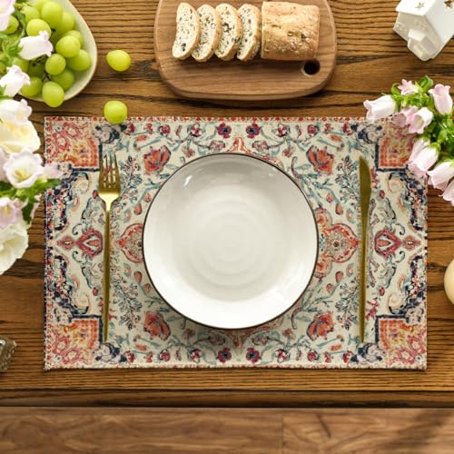 Artoid Mode Boho Placemats Set of 4, Daily Orange Teal Flowes Bohemia Table Mats for Home Party Dining Decoration 12x18 Inch