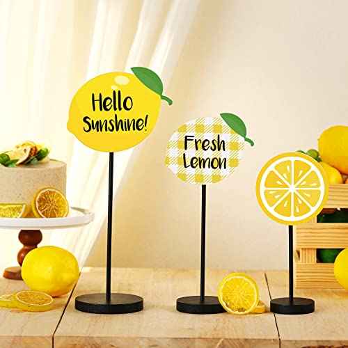 Maitys 3 Pcs Summer Lemon Tabletop Decor Standing Lemon Block Wooden Table Centerpiece Sign Table Summer Decor for Home Kitchen