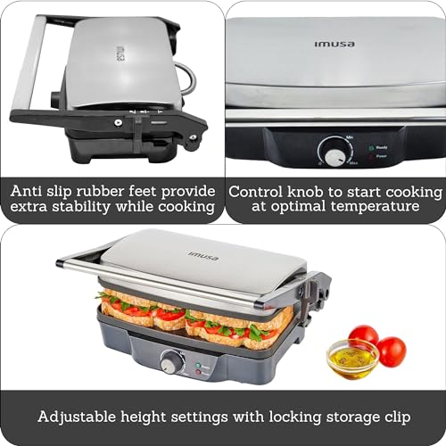 12 x 10 Inch Stainless Steel Panini Press with Nonstick Plates - 1200W