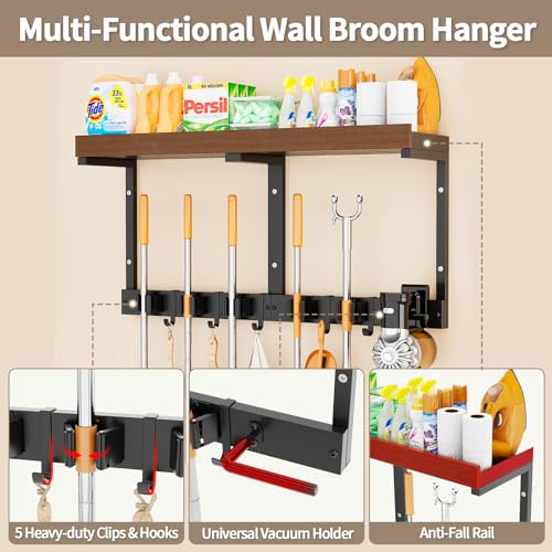 Wall-Mounted Broom and Mop Organizer with Shelf - Black