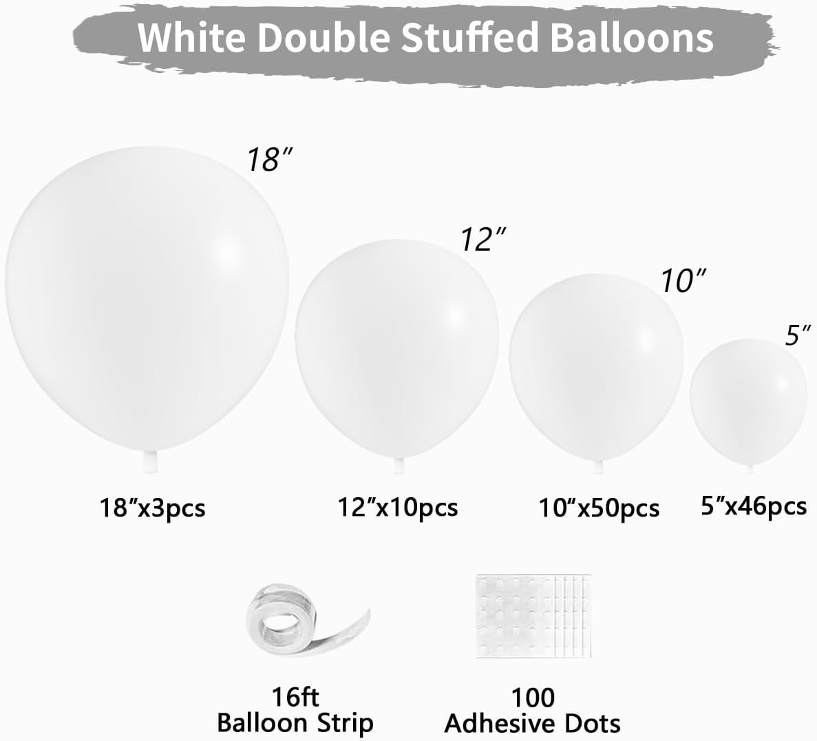 Skiennix White Double Stuffed Balloons - 115 Pcs in 5/10/12/18" Sizes | Perfect for Birthday & Wedding Decor