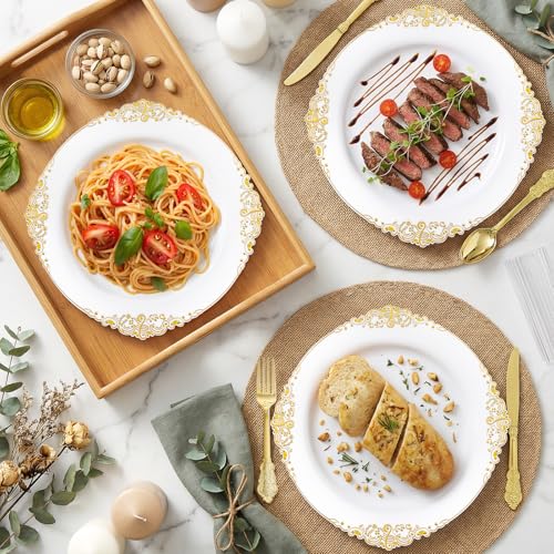 200PCS White and Gold Plates Disposable - Plastic for Wedding
