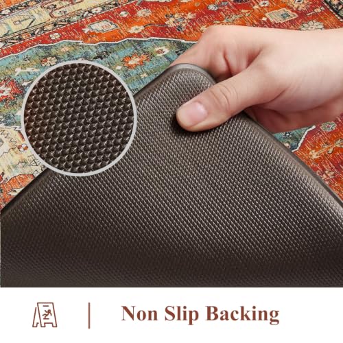 Collive Boho Kitchen Rug Set of 2 Fall Waterproof Floor Mats - Terracotta Rust & Teal, 17.3x47 & 17.3x29 inches