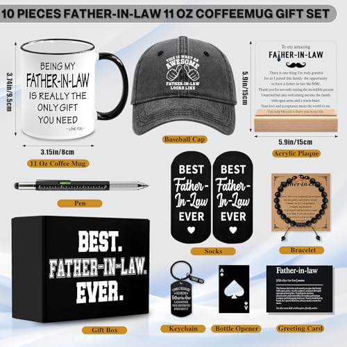 Father-in-Law Gift Set with Mug, Cap, Socks, Jewelry & More - 10 Pcs