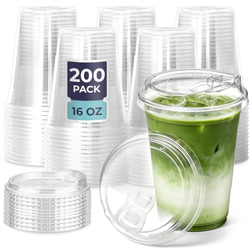 16 oz Clear Plastic Cups with Strawless Sip Lids - 200 Pack, Disposable To-Go Drinkware
