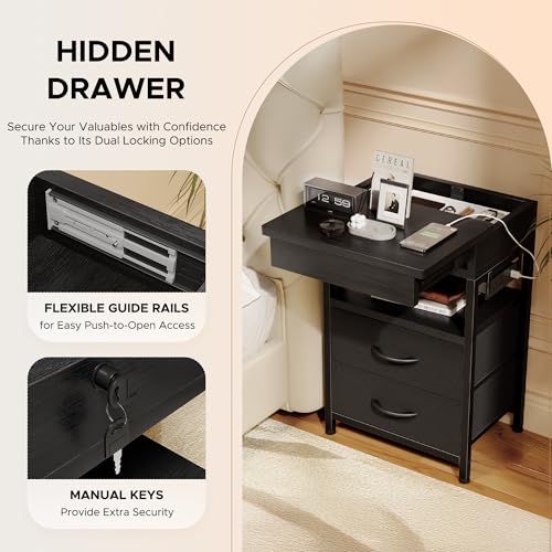 Black Nightstand with Lockable Hidden Compartment and 2 Drawers - Modern Bedside Table