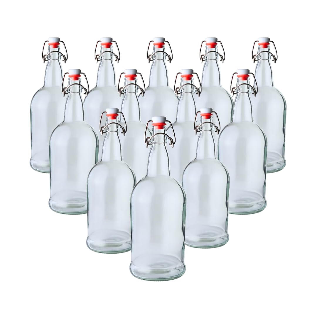 FastRack Swing Top Glass Bottles |33 oz – Pack of 12 | Clear Flip Top Glass Bottles for Home Brewing, Carbonated Drinks, Kombucha, Fermentation, Water | Food Grade – ECO Friendly