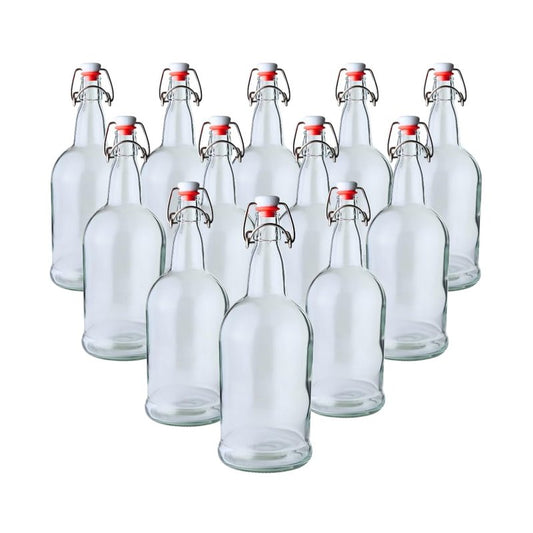 FastRack Swing Top Glass Bottles |33 oz – Pack of 12 | Clear Flip Top Glass Bottles for Home Brewing, Carbonated Drinks, Kombucha, Fermentation, Water | Food Grade – ECO Friendly