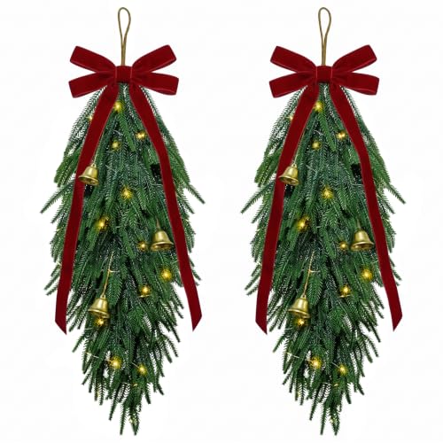 Green 2-Pack 36" Norfolk Pine Christmas Teardrop Swag with LED Lights - Holiday Decor