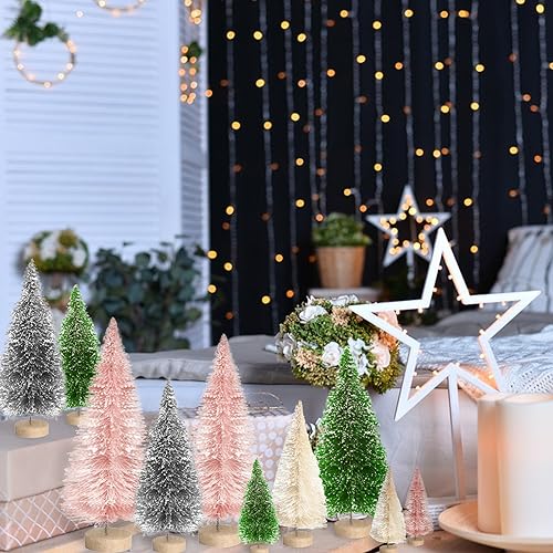 8pcs Mini Christmas Tree, Artificial Bottle Brush Trees with Wood Base, Tabletop Miniature XmasTrees with 4 Small Christmas Wreath, Fake Xmas Tree Ornament, White Christmas Tree for Christmas D?cor