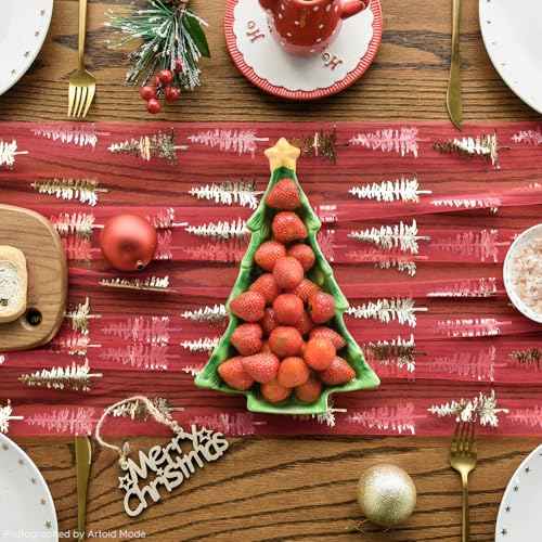 Artoid Mode Red Gold Christmas Tree Gauze Table Runner 120 Inch 10FT, Glitter Metallic Foil Seasonal Sheer Dining Holiday Table Decor for Home Party
