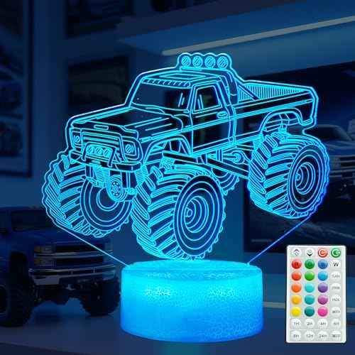 Monster Truck Night Light, Monster Truck Gifts, 3D Illusion Lamp with 16 Colors Changing, Remote Control with Timer, Dimmer, Kids Room Decoration for Holiday Birthday Christmas