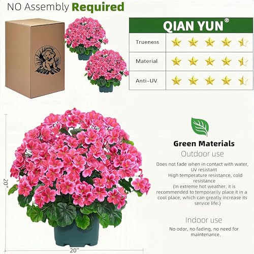 Artificial Geranium Bush - 20 Inch Outdoor Potted Faux Plant for Garden, Porch & Patio - Dark Pink, UV Resistant, 2 Pack