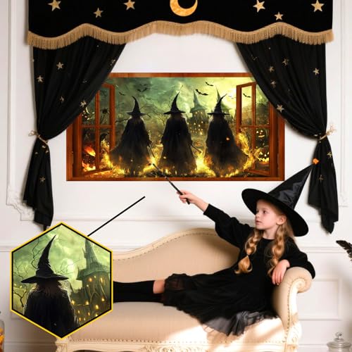 Halloween Witch Wall Stickers 3D Halloween Scene Fake Window Wall Decals Picture Large Holiday Mural Wallpaper Peel and Stick 3D Witches Wall Decor for Bedroom Living Room Home Decoration