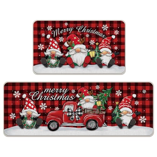 Livcoz Gnome Truck Christmas Kitchen Rugs Set of 2 - Holiday Non-Slip Decor
