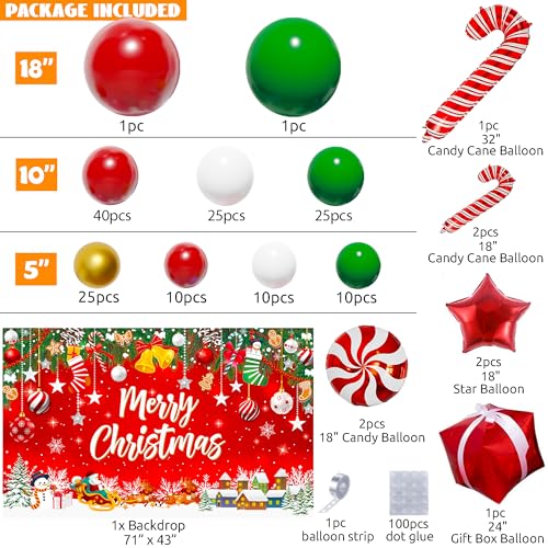 Christmas Balloon Arch Kit 162Pcs with Backdrop Banner - Red Green Gold White Candy Cane Balloons