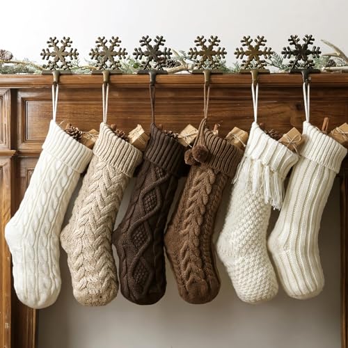 Pawliss Farmhouse Knitted Personalized Christmas Stockings 6 Pack - 18 Inch White Brown Beige Cable Knit Holiday Decor