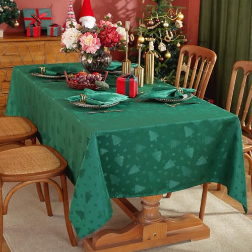 Honellaty Christmas Green Tablecloth 120x60 Inch Rectangular Jacquard Fabric Tree Pattern Holiday Decor