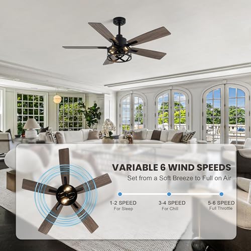 52 Inch Black Farmhouse Ceiling Fan with Lights & Remote - Whisper-Quiet DC Motor
