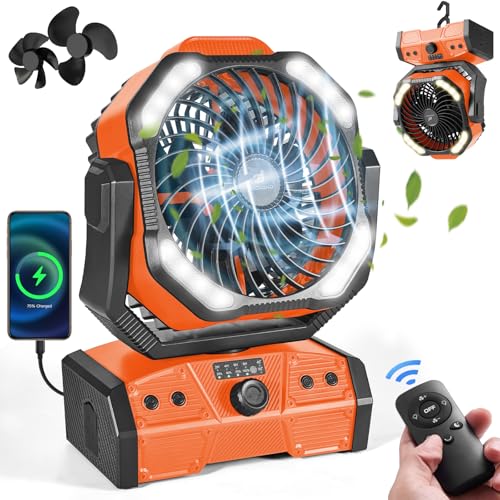 40000mAh Portable Camping Fan with Lantern and Remote - Orange