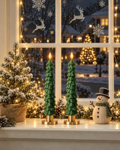 Homemory Flameless Christmas Taper Candles with 3D Flickering Flame, 9.6 Inch, Battery Operated with Timer, Pack of 3