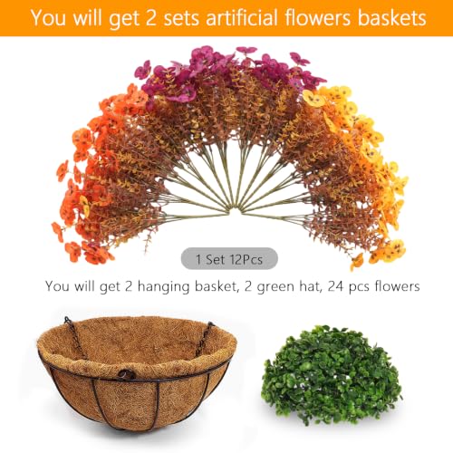 Fall Pansy Artificial Hanging Flower Baskets for Outdoor Autumn Decor - 2 Pack