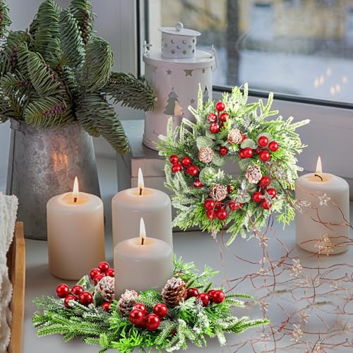 Lyrow 6 Pcs Christmas Candle Ring Wreath Small Kitchen Table Decor - Faux Berries & Pinecones